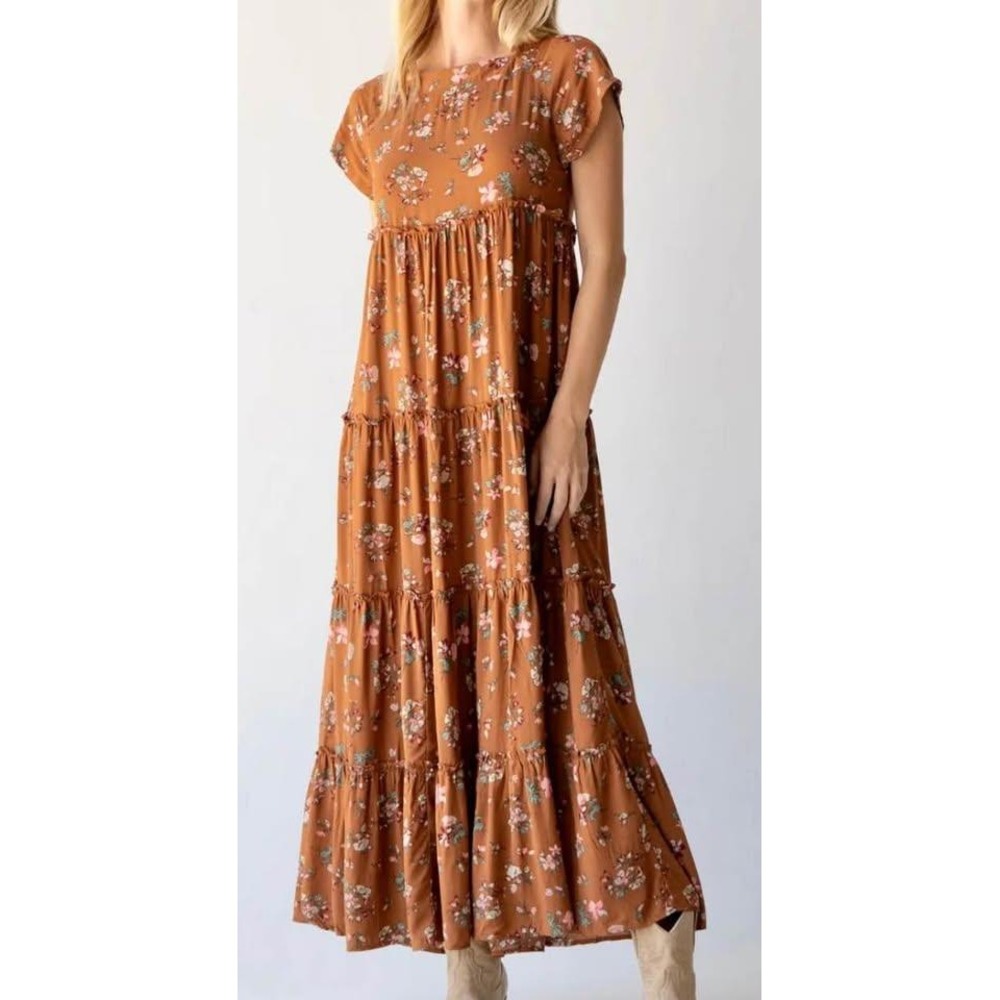 Natural Life Brown Fall Foral Tiered Square Neck Maxi Dress Large Boho Prairie
